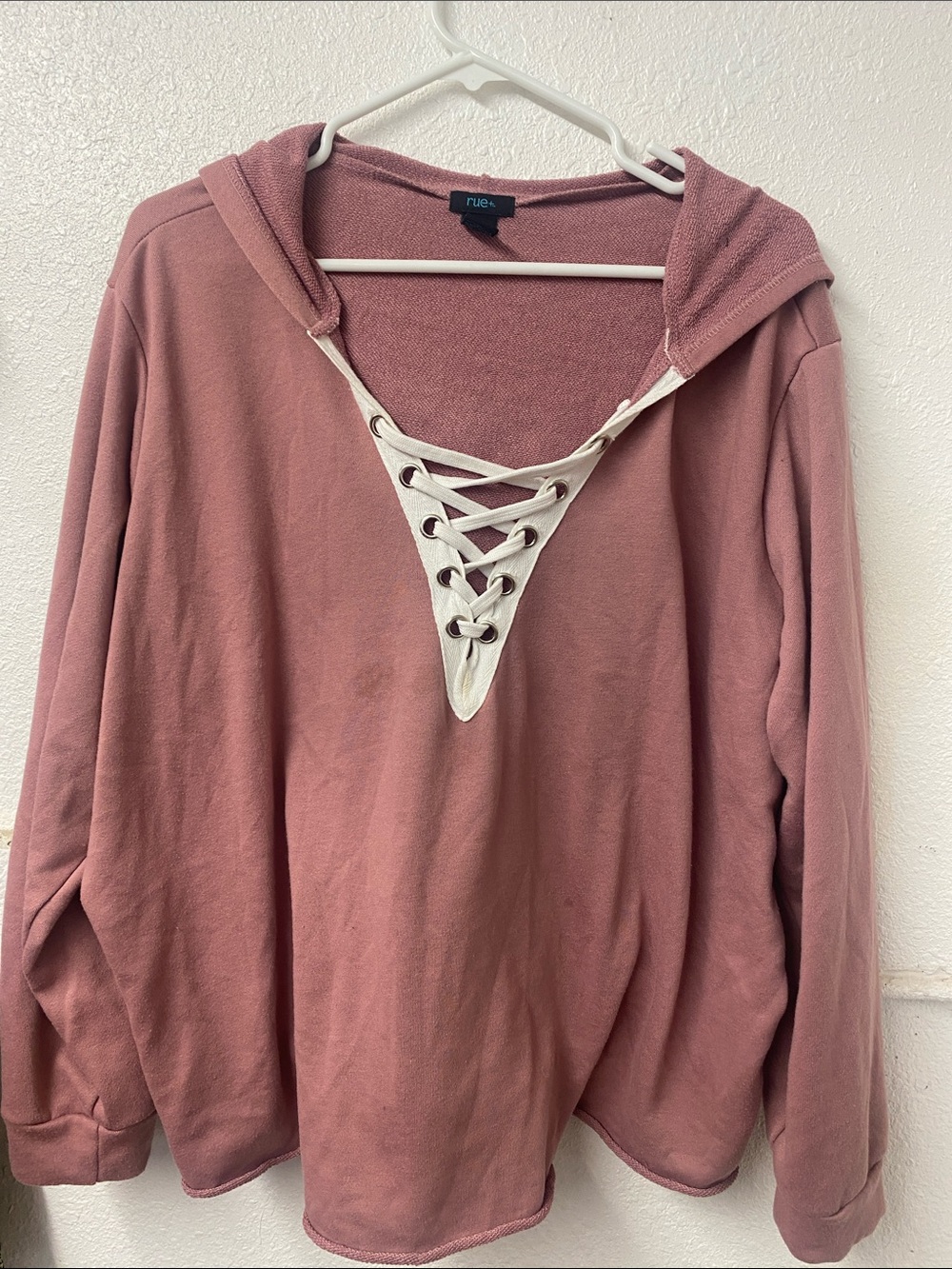 Rue Lace-Up - distressed- as is-Hooded Pullover in Dusty Rose